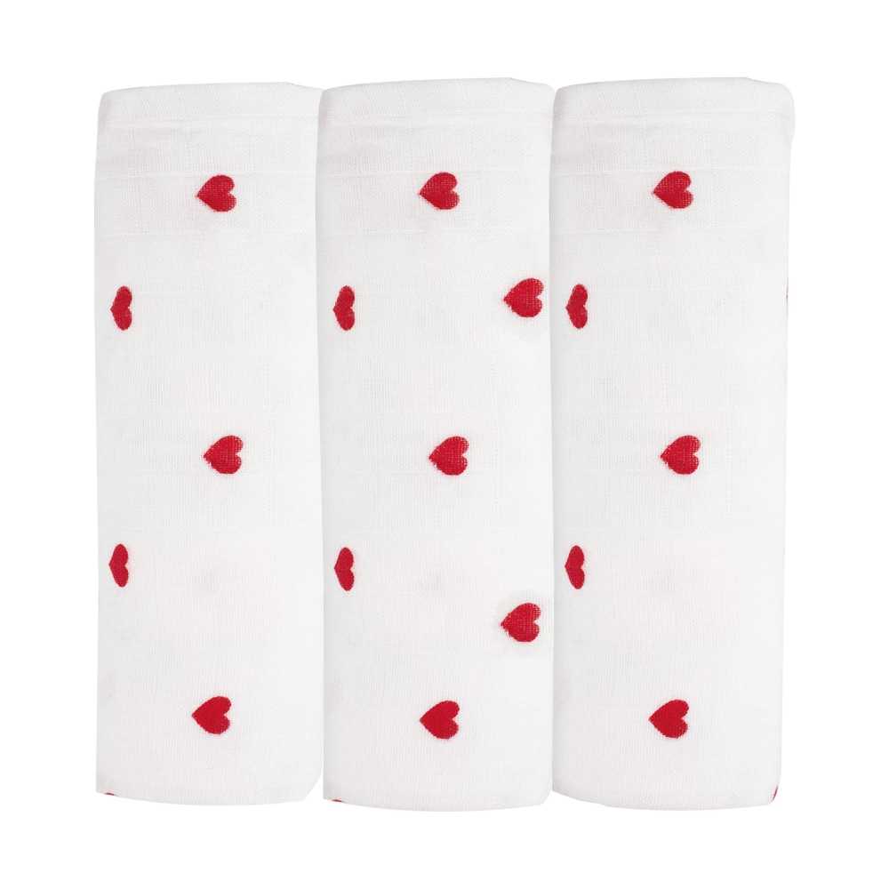 langes gaze de coton small 70x70cm - petit coeur rouge - lot de 3