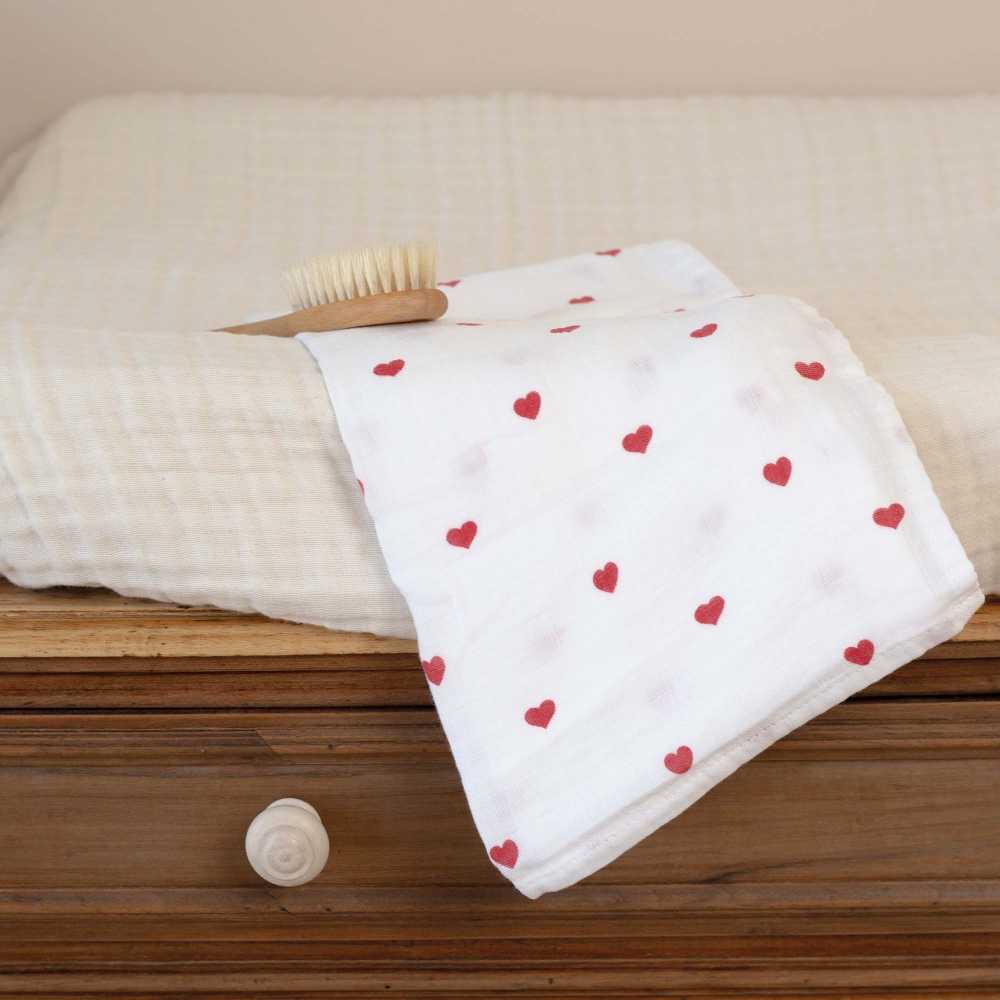 langes gaze de coton small 70x70cm - petit coeur rouge - lot de 3