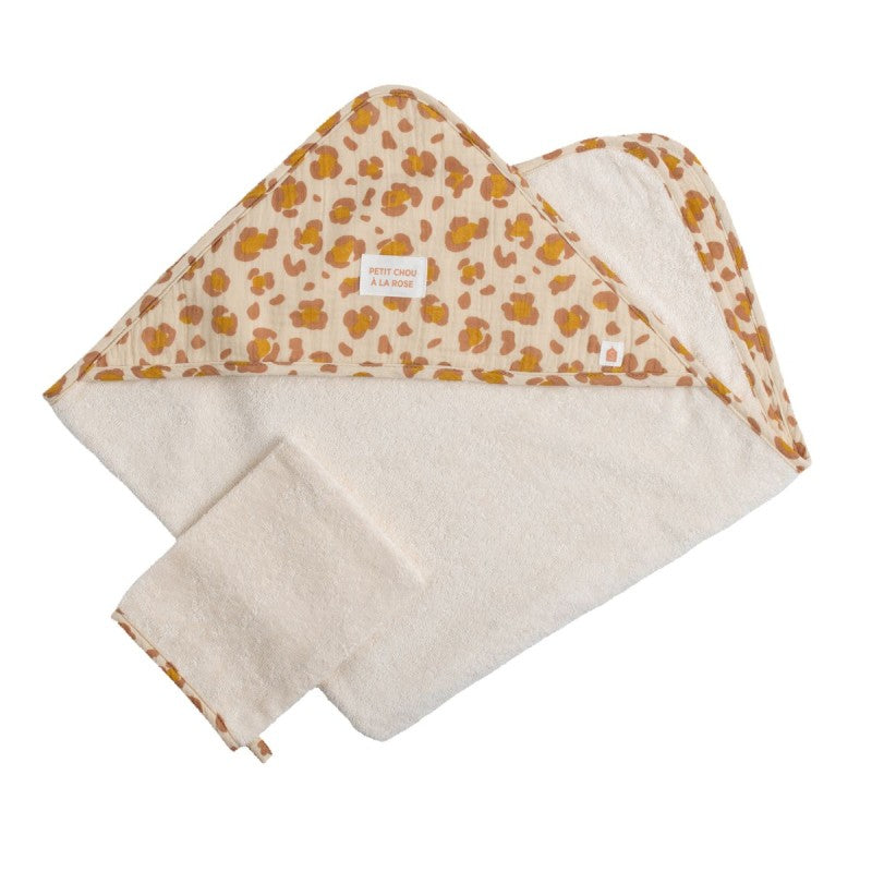 Cape de bain bébé en gaze de coton et gant léopard "Petit Chou"